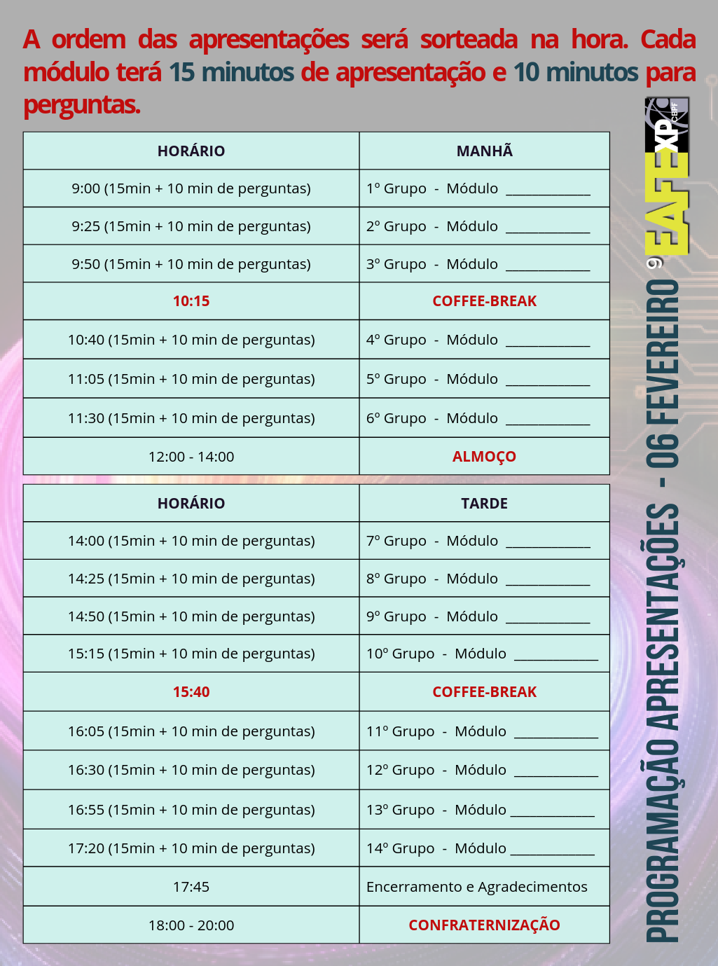 Cronograma de Apresentações 8 EAFExp - Clique para ver PDF completo